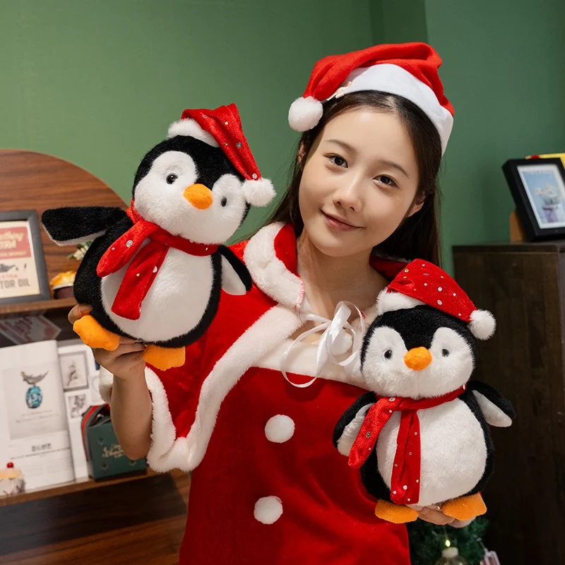 

25cm Christmas Soft Penguin Doll Plush Toy Stuffed Red Hat Scarf Dressed Cartoon Animal Plushie Birthday Gift