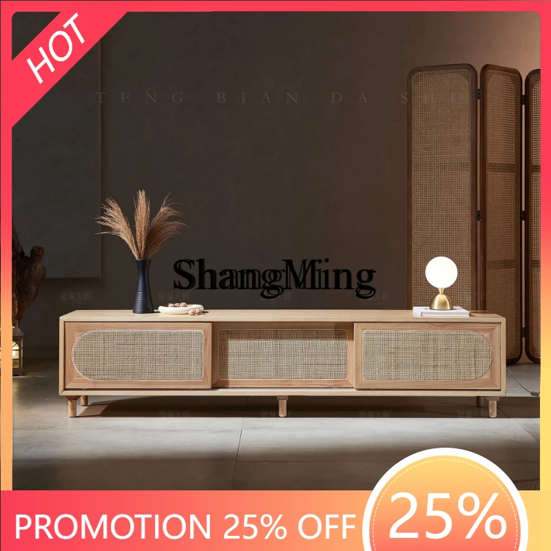 

SM Rattan Woven Solid Wood TV Cabinet Small Apartment Floor-standing Natural Storage Cabinet for Living Room and Homestay
