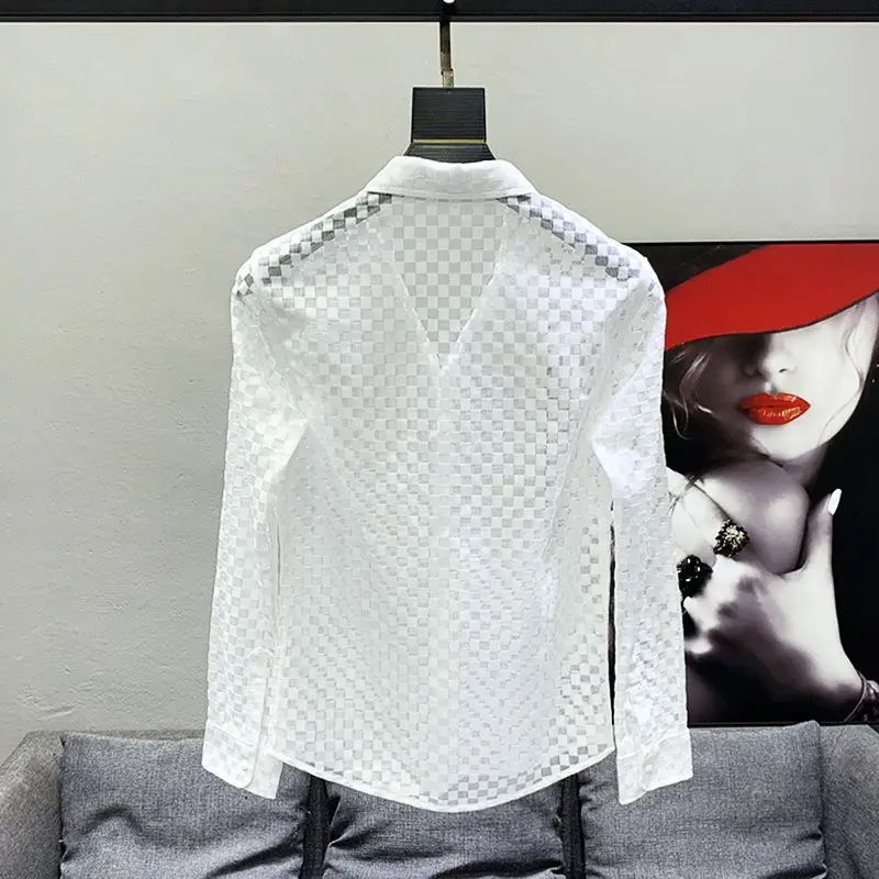 Black White Shirts Men Long Sleeve Shirts Design See-through Thin Hollow Out Plaid Shirt Slim Mesh Breathable Tops Fashion Trend