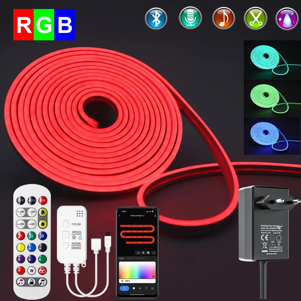 RGB Neon Lights 72/96LEDs/M Silicone Gel Flexible Led Strip Light Waterproof with Remote Controller for Outdoor Garden Party 12V