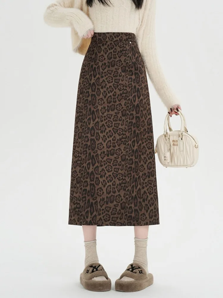 Retro Spicy Girl Leopard Print Woolen Midi Skirt High Waist A-Line f Body Skirts for Women Autumn Winter Loose Elastic Skirts