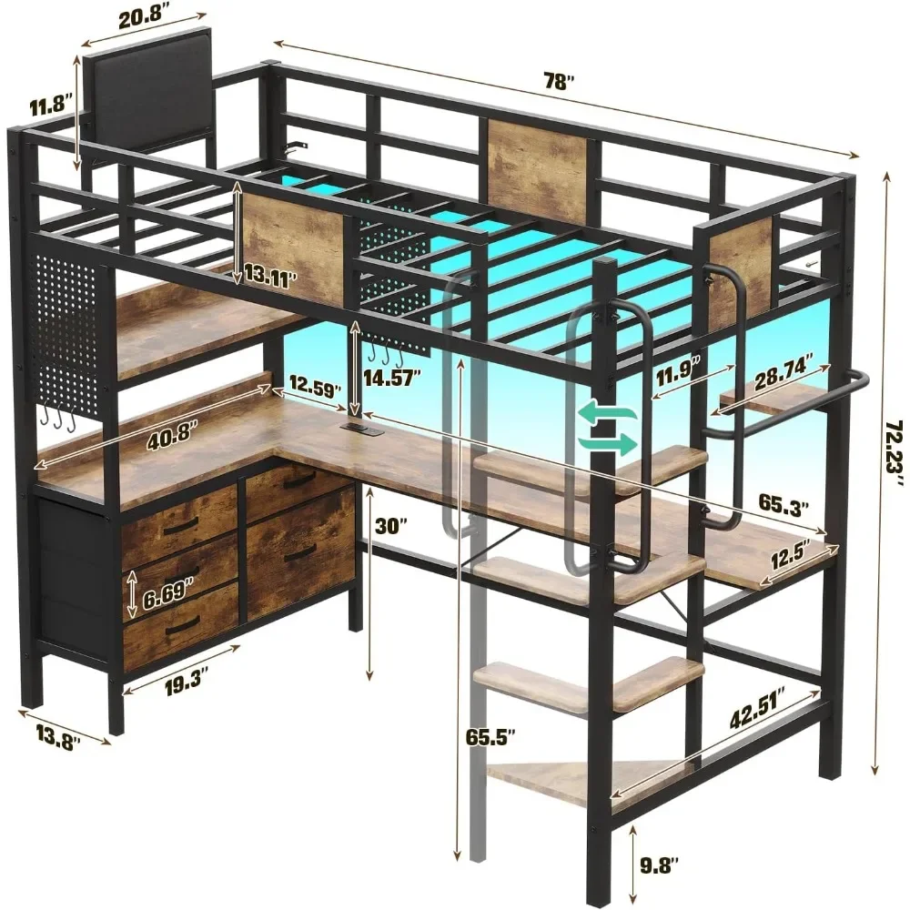 Loft Bed Twin Size with L Shaped Desk and Storage, Metal Bunk Bed with Desk Underneath and LED Lights and Charging Station78