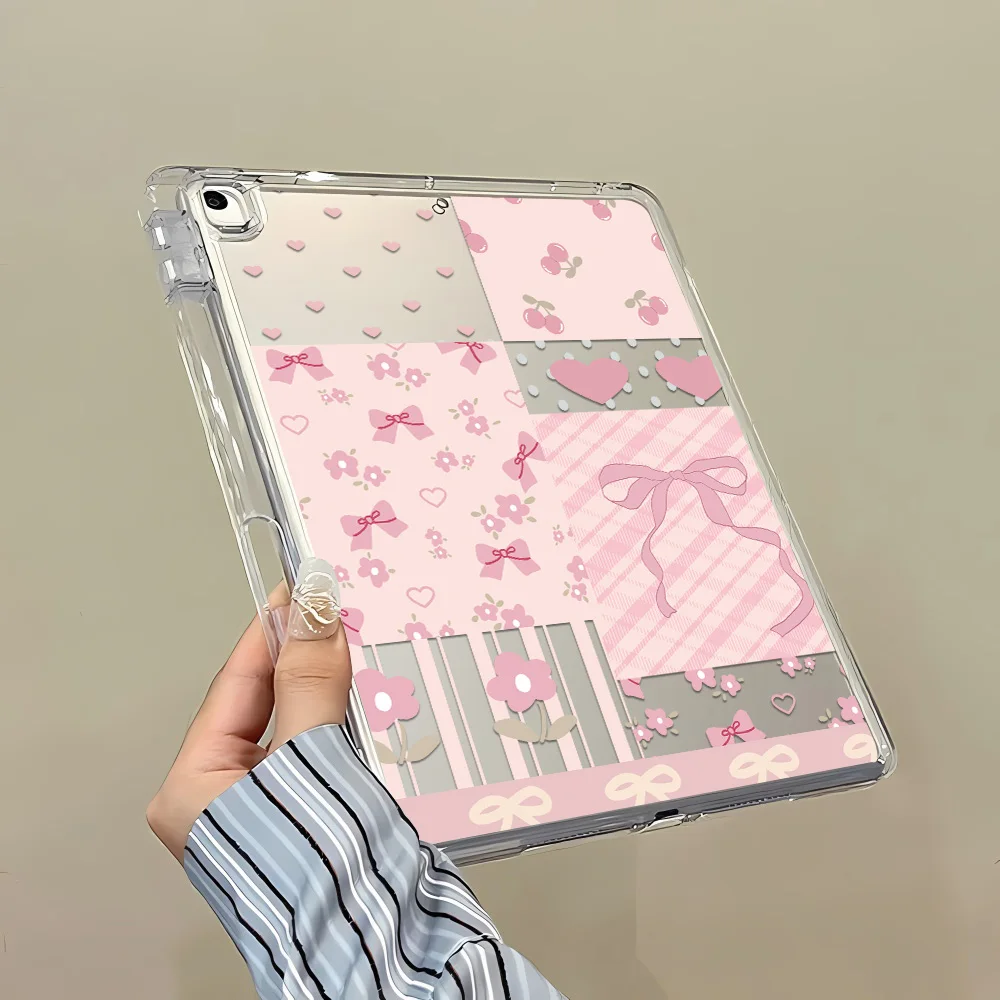 Y-Fold Edge High Clarity Tablet Case for Apple iPad Pro 11 2021/2022 mini 6 8.3 inches with Pencil Holder Pink Patchwork Cherry
