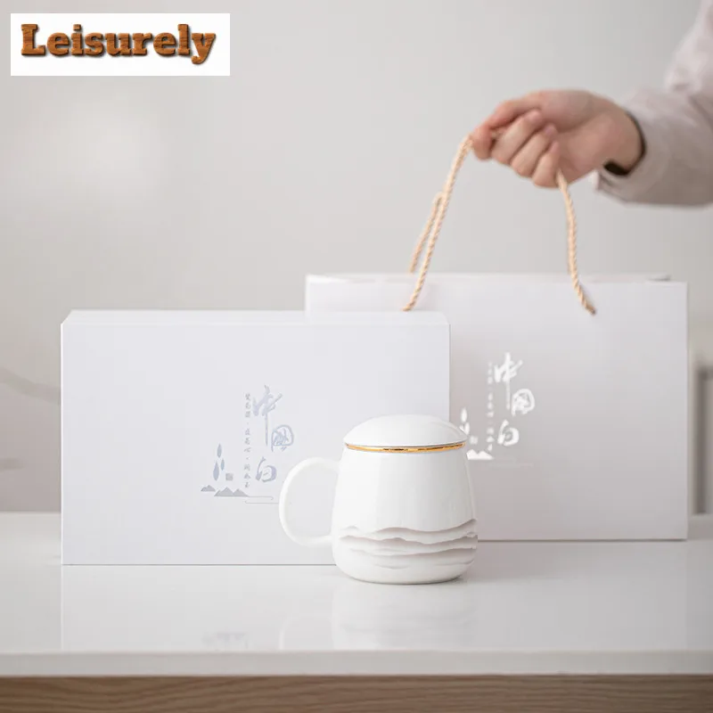 Sheep Fat Jade White Porcelain Ink Far Mountain Filter Tea Separator Cup Retro Tea Mug With Infuser Tea Soaking Office Water Cup