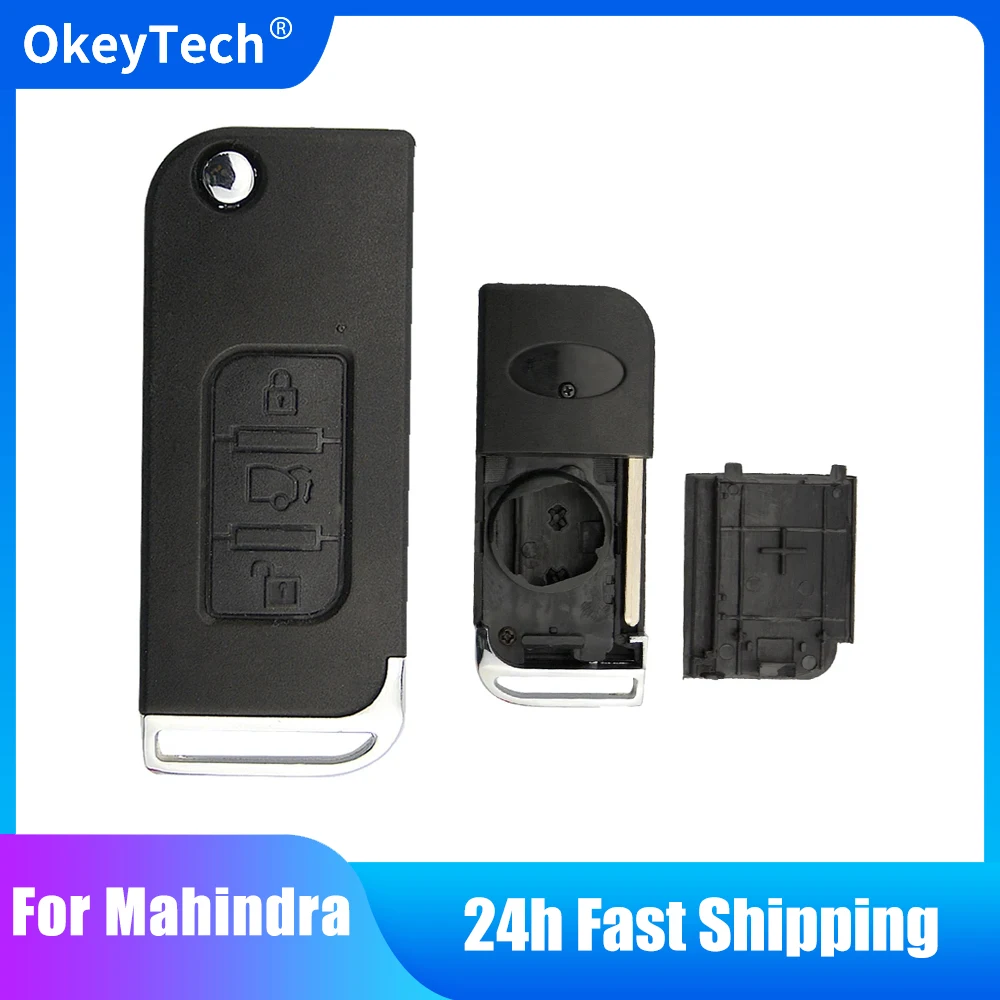 OkeyTech casing tutup kunci mobil Remote Control lipat 3 tombol kualitas tinggi casing sarung kunci Fob kunci Mahindra India pisau belum dipotong