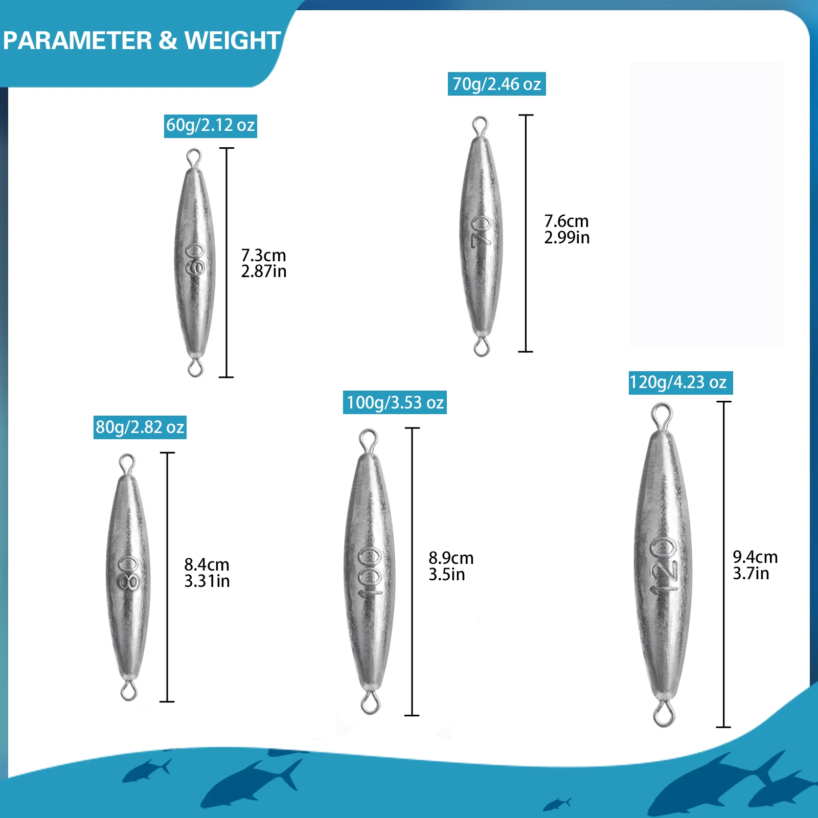 THKFISH 5pcs Inline Trolling Sinker Torpedo Fishing Weight Lead 60g-120g Double Ring Fishing Weight Sinker Saltwater Freshwater