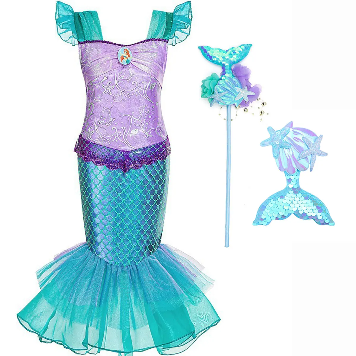 2024 Disney Little Mermaid Costume Halloween Kid Dress For Girls Children Carnival Birthday Party Clothes Cosplay Mermaid Dress