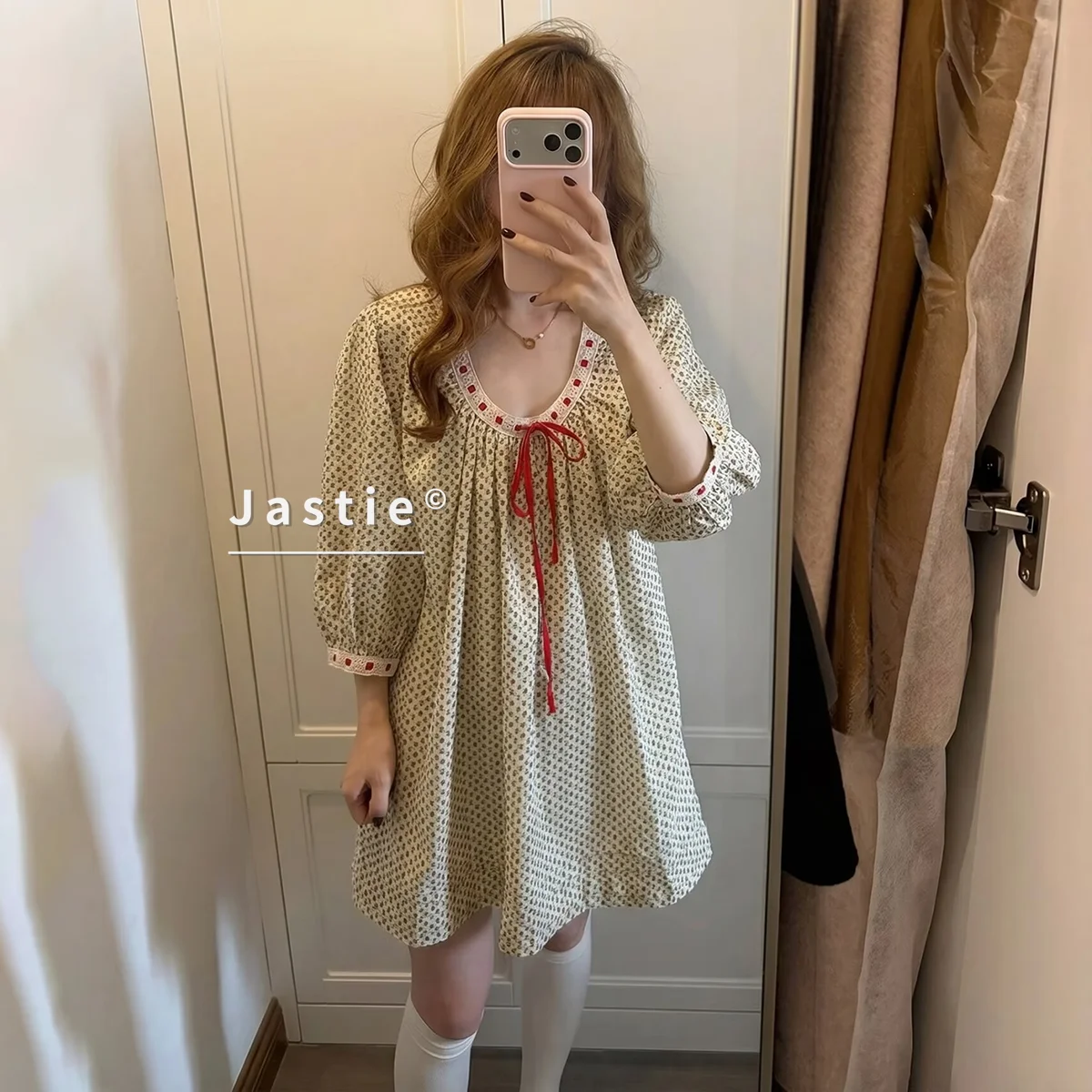 Vestido Mini Floral Kawaii Francés para Mujer, Vestido Corto de Verano con Lazo Rojo, Manga Abullonada, Algodón, Línea A, Estilo Dulce Lolita Cottagecore