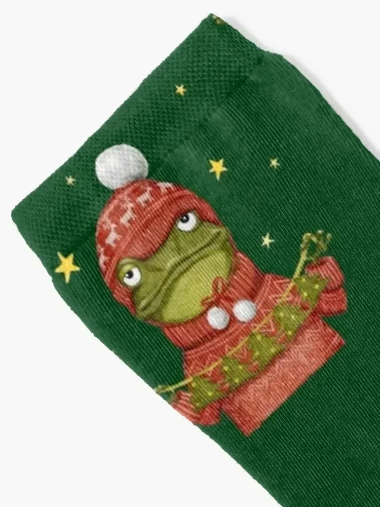 Mrs Frog is wishing Merry Christmas. Green background Socks winter Hiking boots Stockings Socks Woman Men's