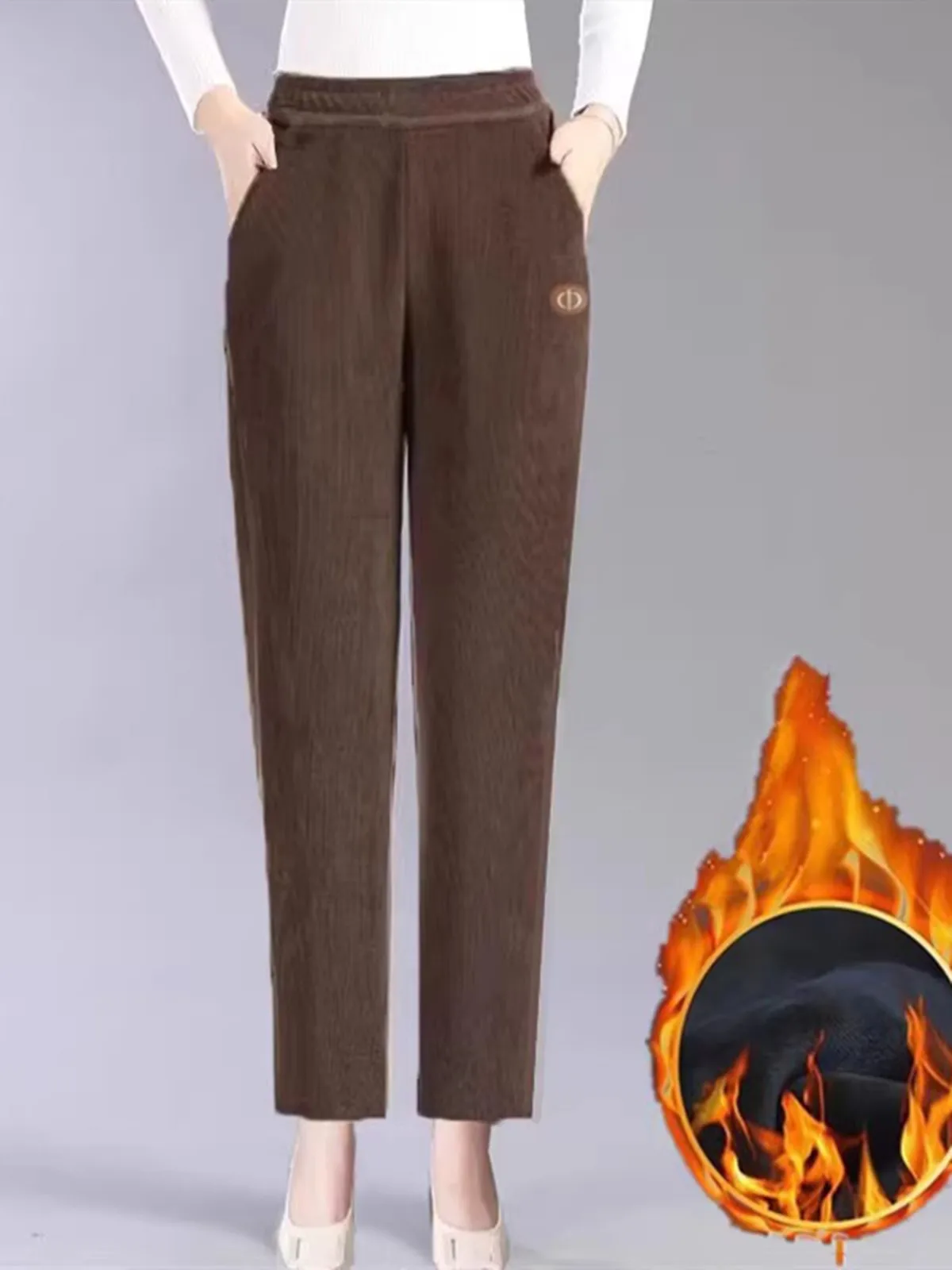 Spodnie sztruksowe z wysokim stanem, damskie spodnie codzienne, elastyczne, wyszczuplające, dla mam w średnim wieku, ocieplane, jesienno-zimowe, nowe.