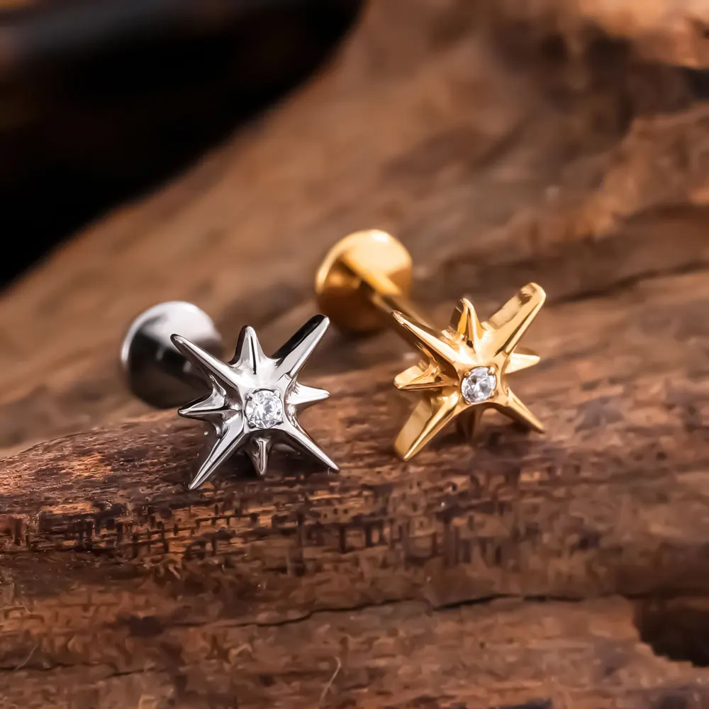 G23 ASTM F136 Titanium External Thread North Star Lip Nails Stud Earring Labret Ring Cartilage Helix Piercing Jewelry
