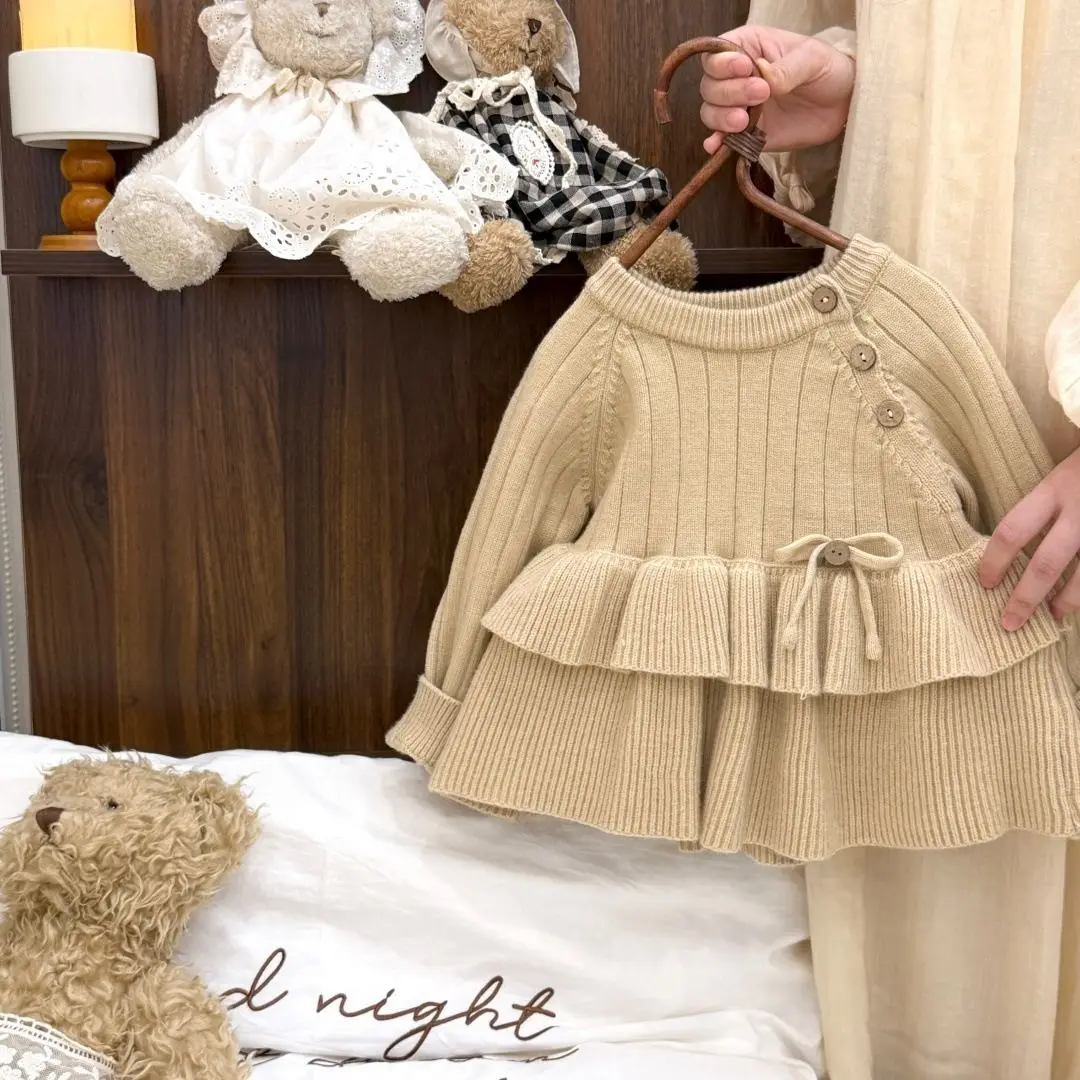Girls' Solid Color 2025 New Sweater Autumn and Winter Baby Girl Round Neck Top Children Princess Style Thick Pleated Skirt