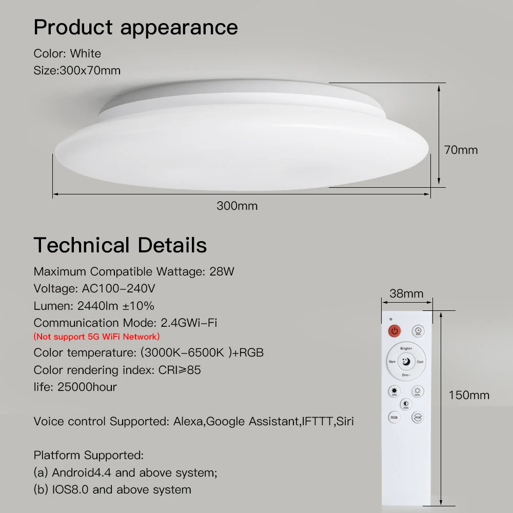 LED Smart WiFi Ceiling Light RGB Backlight 28W Compatible with Alexa Google Home Dimmable Music Sync for Living Room Bedroom