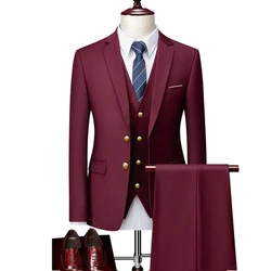 Men Business 3 Pieces Suits Sets / Male Groom Wedding Banquet Solid Color High End Custom Large Size Brand Blazers Jacket Coat