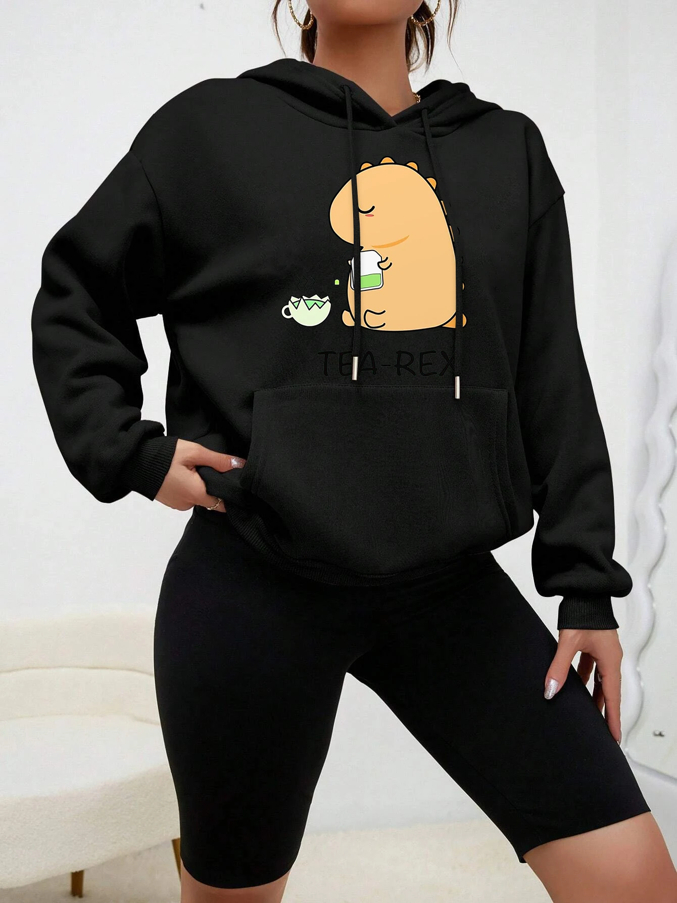 Tea-Rex Yellow Dinosaur Making Tea Printed Hoodie Women Cartoon Fashion Hoody Casual Pocket Streetwear Comfortable Pullover