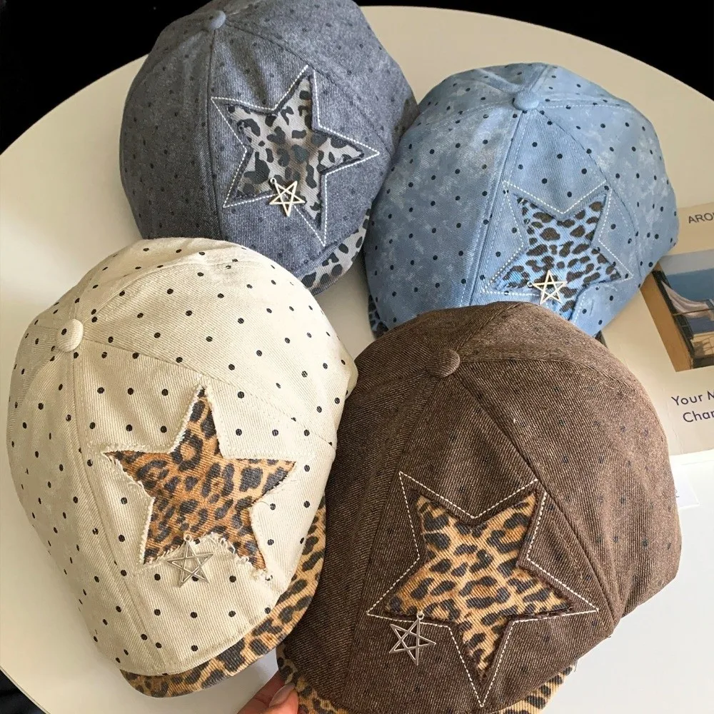 Unisex Star Leopard Print Beret Adjustable Polka Dot Newsboy Forward Cap Retro Duckbill Soft Baseball Hat Party