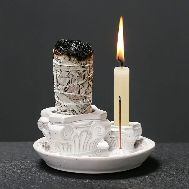1pc,Handmade Ceramic Incense Stick Burner Roman Column Candle Holder, Palo Santo Tray and Sage Bundle Burner (Without Incense)