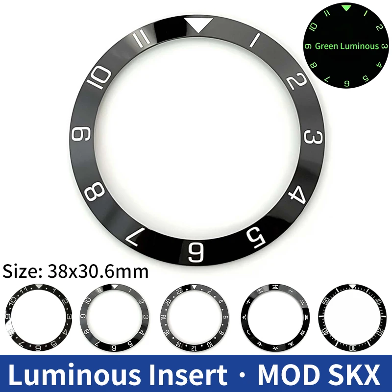 Green Luminous Insert 38*30.6mm Sloped Ceramic Bezel Inserts Ring Fits SKX Crystal 31.5*30.5mm SKX007 Watch Replacement Parts