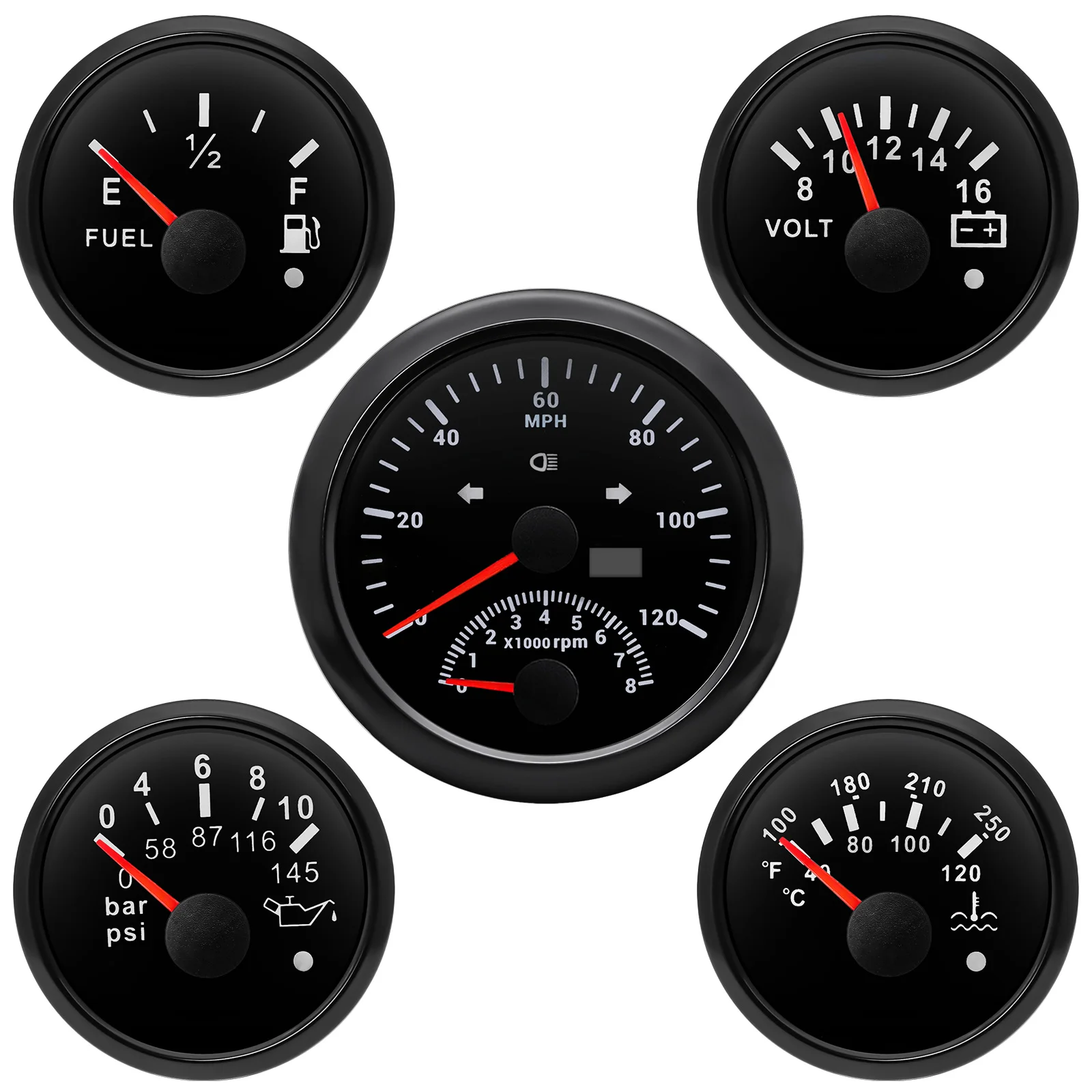 5 Gauge Set GPS Speedometer with Tachometer With Turn Signal High Beam 52mm Fuel Level Water Temp Gauge Oil Pressure Voltage