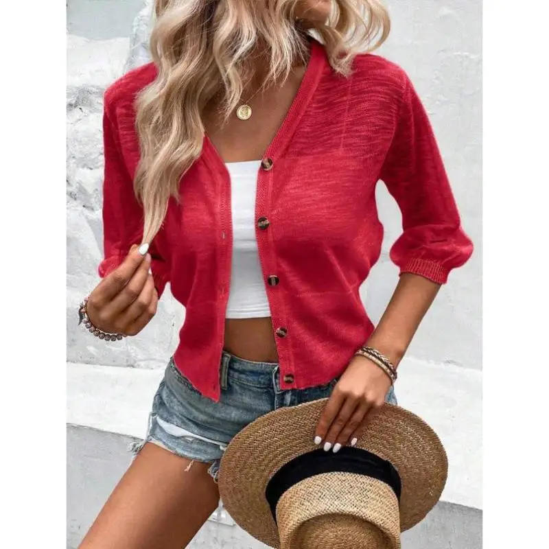 Kardigan Wanita Kasual Kancing Tunggal Tipis Berbahan Rajut Model Cross-Border Sle Sweater Ci Walk Inner Wear Kerah Sembilan...