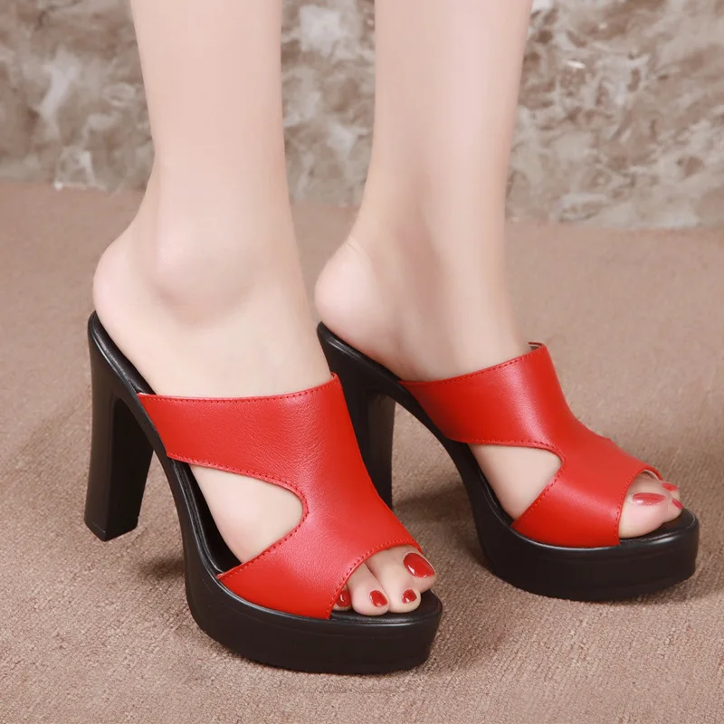 High quality summer leather sandals for women 10cm high heel 2024 size 32 33 43 platform open toe elegant shoe black red brown