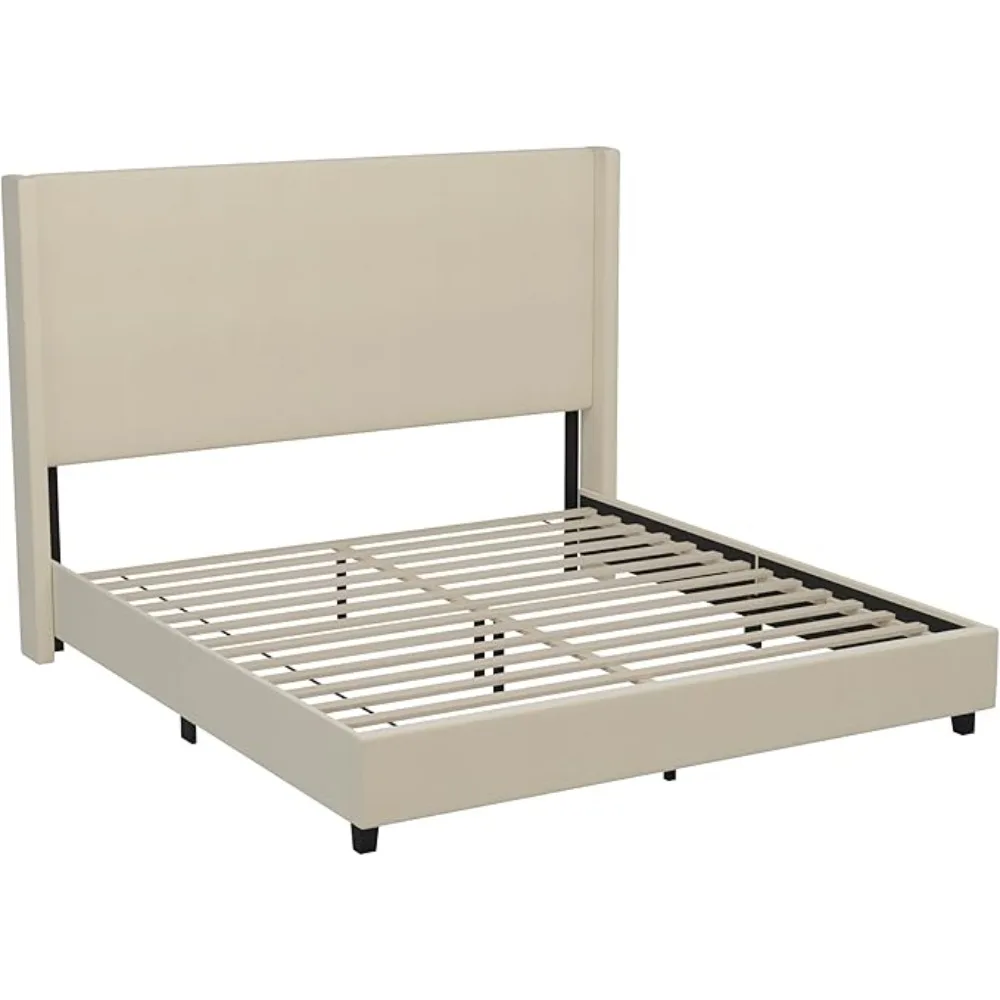 Platform Bed - Beige Faux Linen Upholstery - Durable Engineered Wood Frame - No Box Spring Needed - Lightweight Design