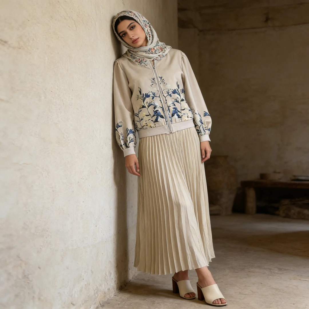 Dubai Spring Print Jacket Pleated Skirt Set Two Piece Muslim Zipper Up Jacket Ramadan Eid Suits Musulman Ensembles Outfit Set