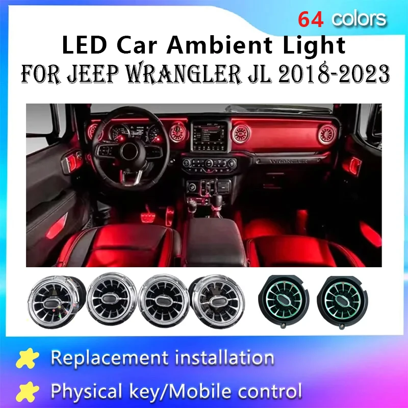 Luz ambiental Interior LED 20 en 1 con salidas de aire para Jeep Wrangler JL 2018-2023 lámpara de ambiente de iluminación de decoración de 64 colores