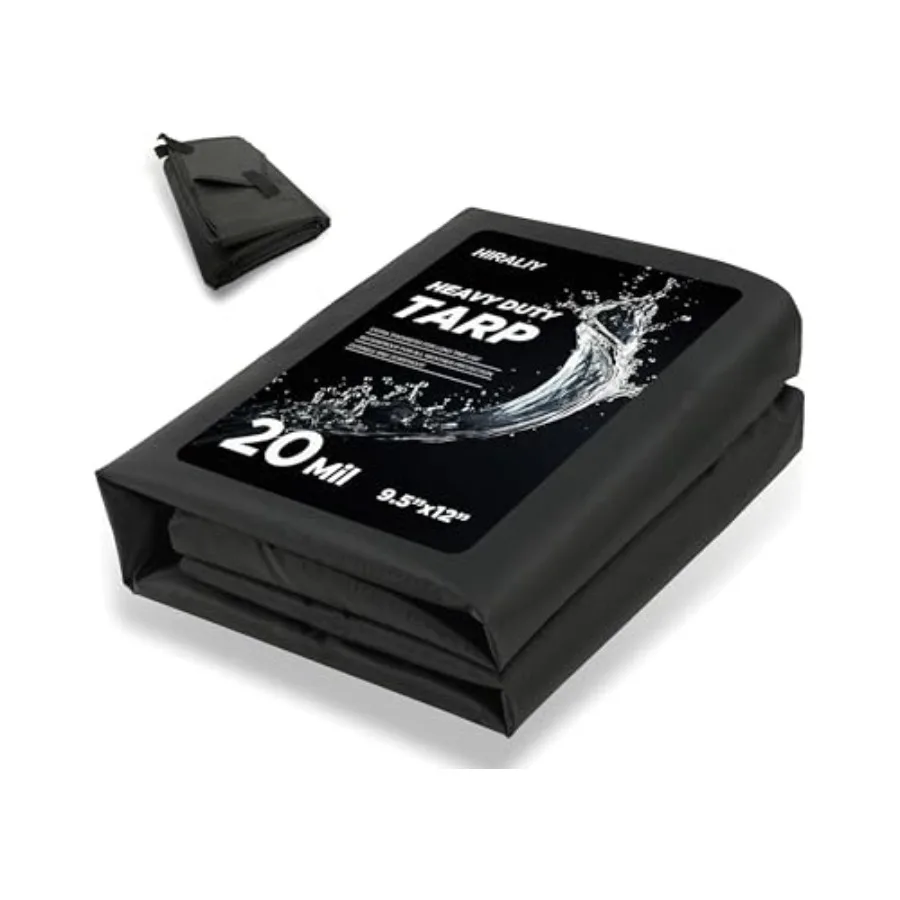 Lona Impermeable de Alta Resistencia de 20 Mil, 9.5x12 pies, Negra, con Lazos de Cinta Reforzada, Lona Multiusos de Tela Oxford para Fi