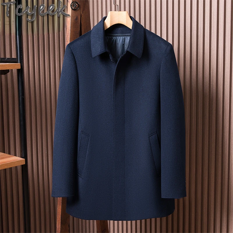 Tcyeek Winter 100% Cashmere Jacket Mid-long Fashion Male Coat Business Casual Loose Woolen Coats Men Clothes Gabardina Hombre