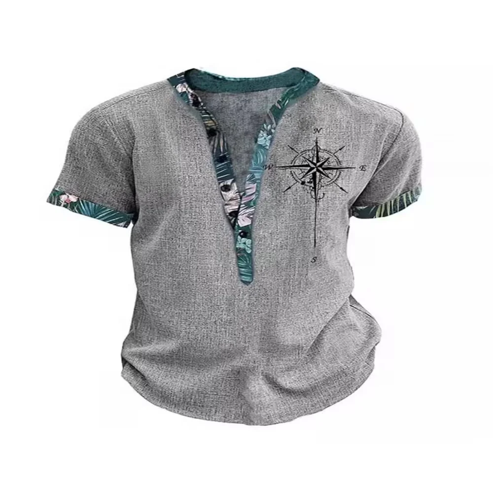 Summer 3D Printed Henry Short Sleeve Shirt Men's Fashion Street Clothing Button Short Sleeve Men's Top