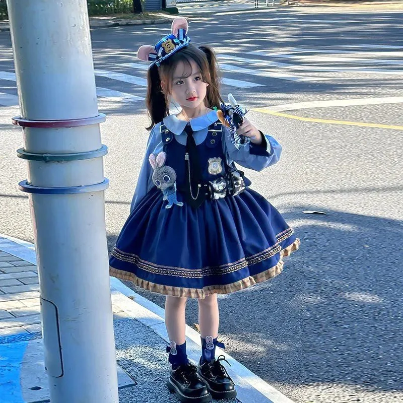 2024 Hot Style New Style Autumn and Winter Clothes Two-piece Set Blue Bow Tie Cartoon Police Rabbit Lolita Princess Dress Birthd