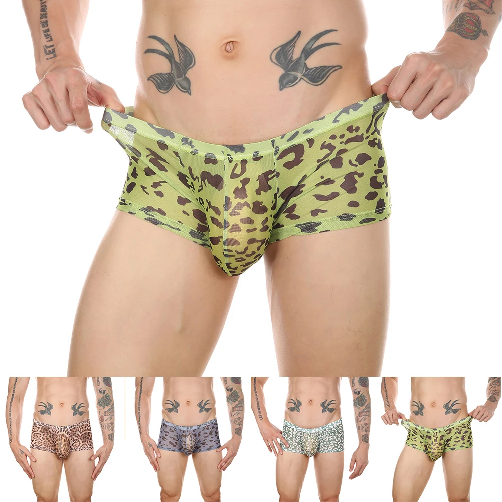 Roupa interior masculina calcinha ver através de malha pura estiramento boxer briefs respirável confortável leopardo impressão