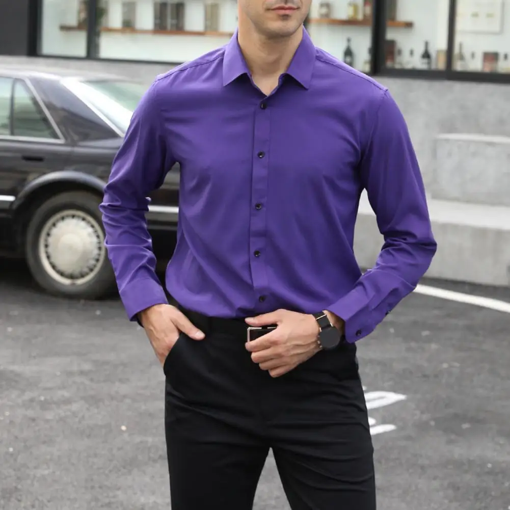 

Casual Men Shirt Stretchy Slim Fit Men's Business Shirt with Turn-down Collar Single-breasted Design Solid Color Soft for Formal