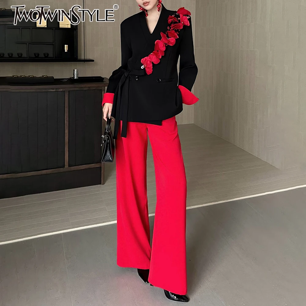 

TWOTWINSTYLE Colorblock Spliced 3D Flower Two Piece Set Female V Neck Long Sleeve Jacket Elegant Women's Trousers Set Fashion