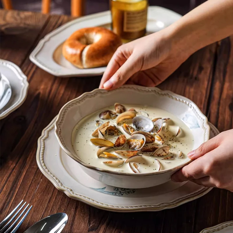 Ceramic Western style steak Dinner Plate Retro Tableware With bell orchid Pattern, Kitchen Restaurant Supplies Noodles Bowl, 1Pc