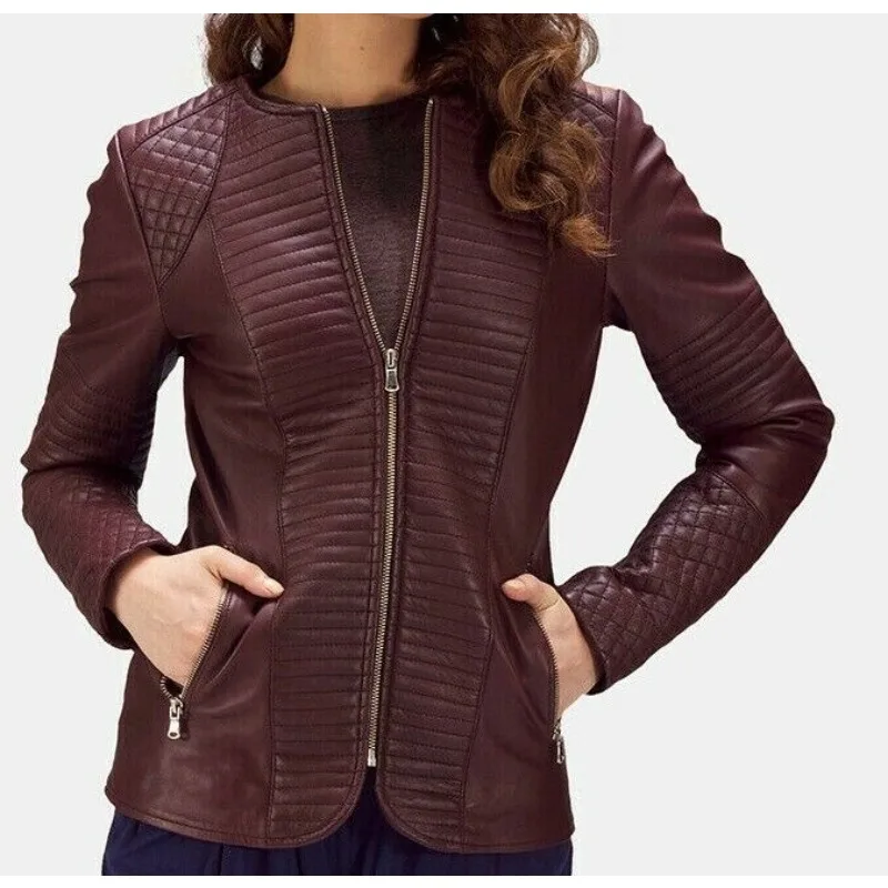 

Women Leather Jacket Brown Real Sheepskin Causal Winter Coat Elegant Stripe Decoration Authentic Genuine Leather Coat