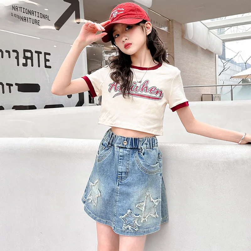 Trendy and Stylish Five-Pointed Star Denim Skirt Pants Suitable for Girls to Wear in Summer, Anti-Exposure, Five-Pointed Star Patch, Washed and Distressed Y2K Style