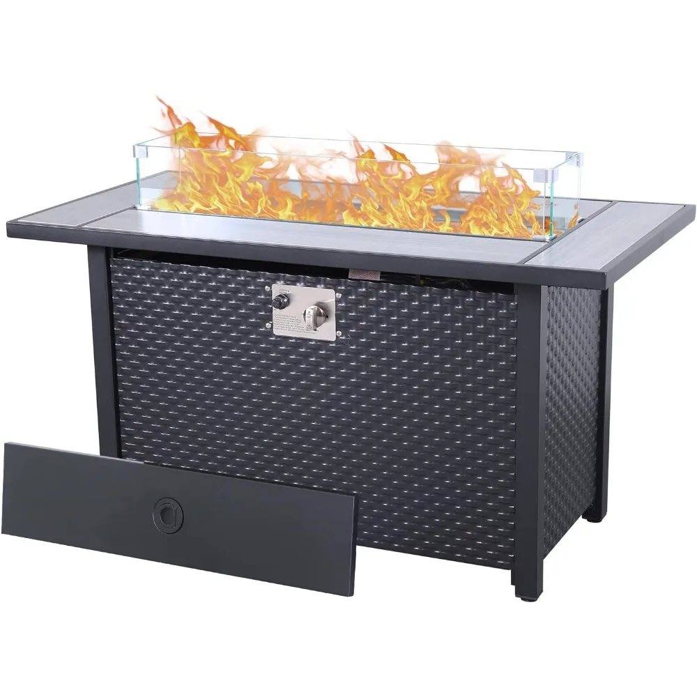 

Outdoor Propane Fire Pit, 45 Inch 50,000 BTU Steel Rectangular Gas Firepit Table with Glass Wind Guard, Fire Glass, and Waterpr