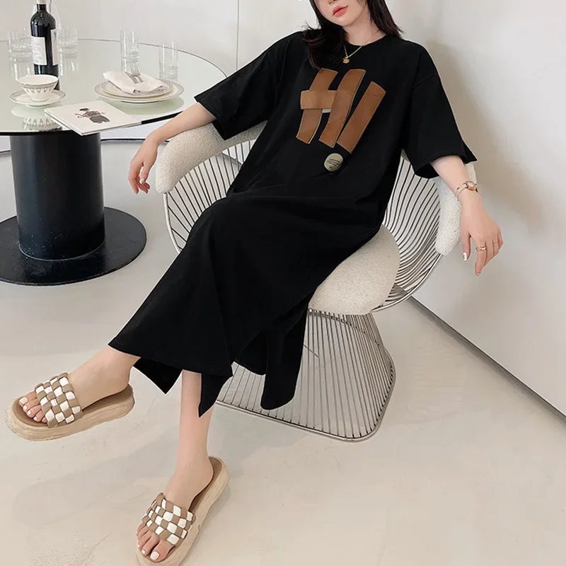 New Women Hi Letter Split Dresses Loose Casual T-shirts Dress Nightdress Spring Summer Short Sleeve Long Nightgown Fashion Tops