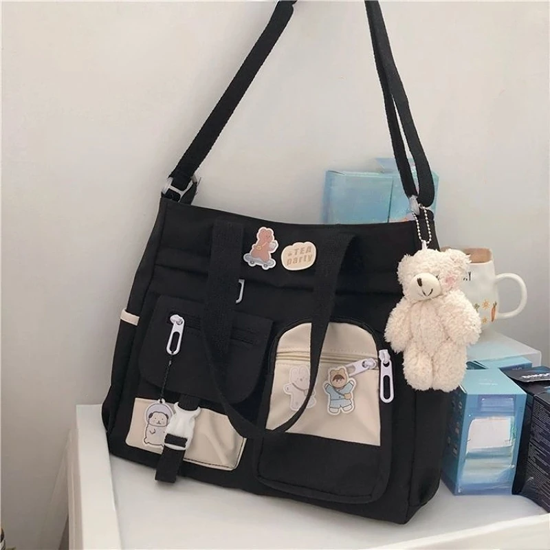 Cute Waterproof Nylon Shoulder Bag Women\'s Cartoon Badge Decor Crossbody Bags Zipper Purse Pack Large Capacity Crossbody Bag