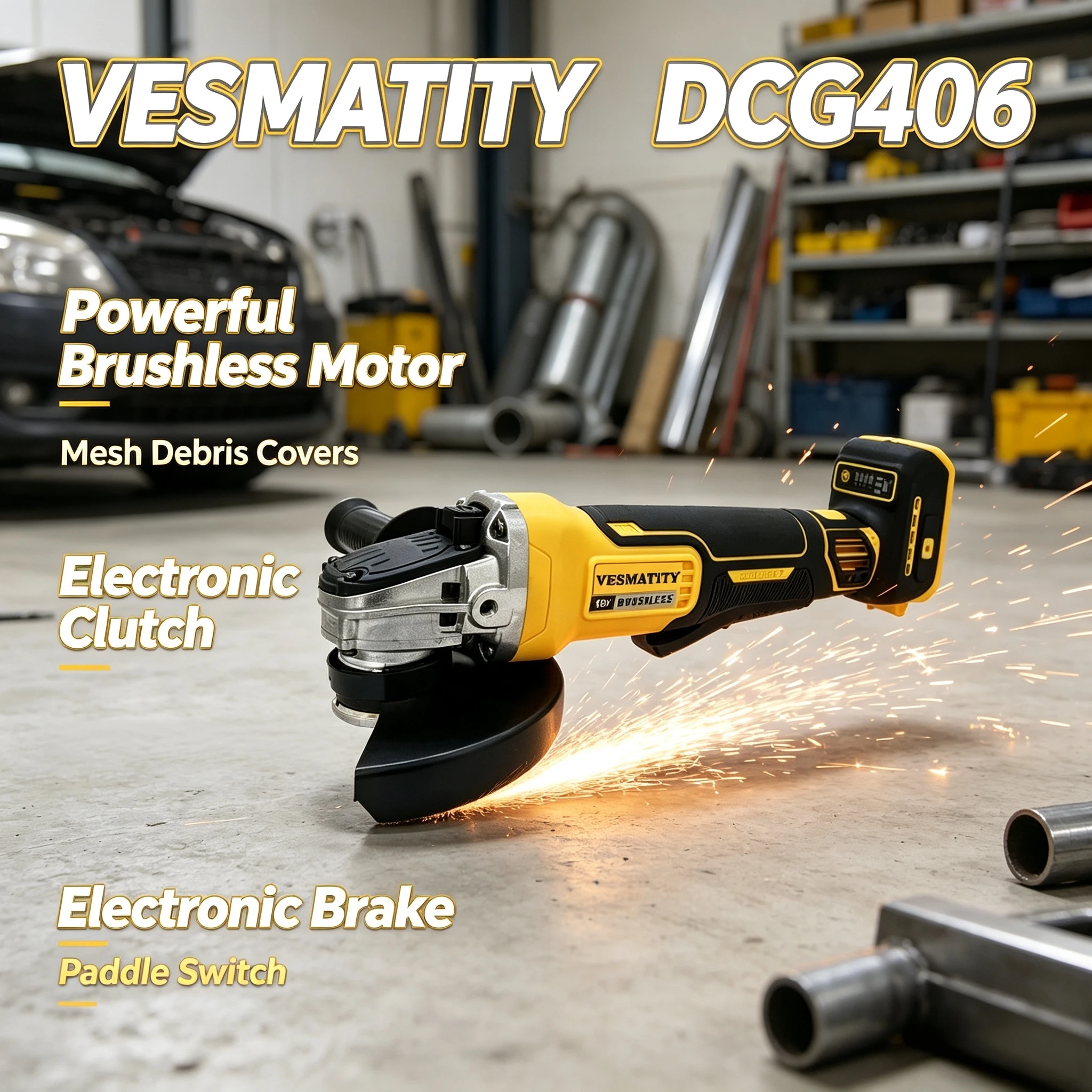 Vesmatity DCG406 125mm Brushless Angle Grinder 9000RPM Cordless Cutting Polishing Tool for 18V 20V Battery Pro