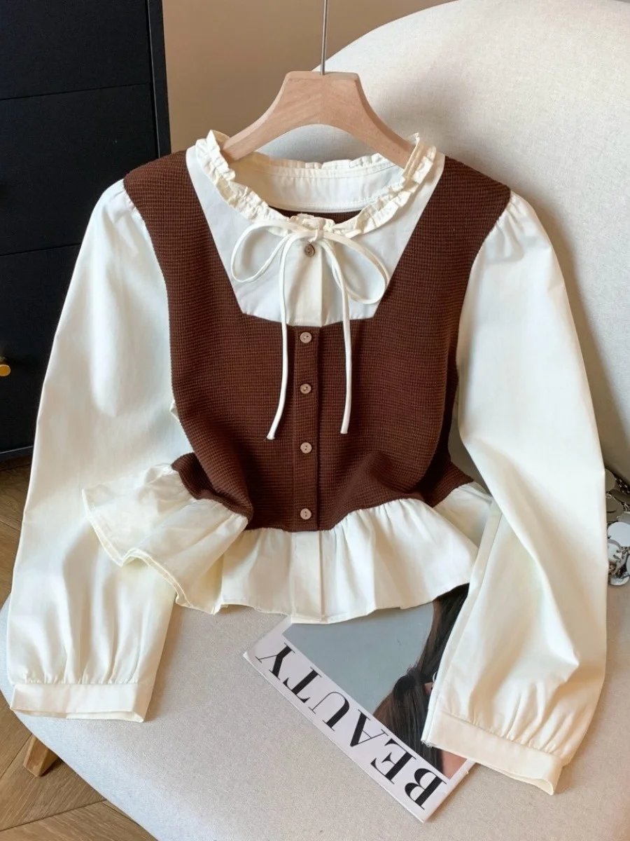 

Женская блузка Ele Polka Dot Bubble Sve с пуговицами, в стиле колор-блок, шикарная, весна-осень, новинка, модная одежда для девушек