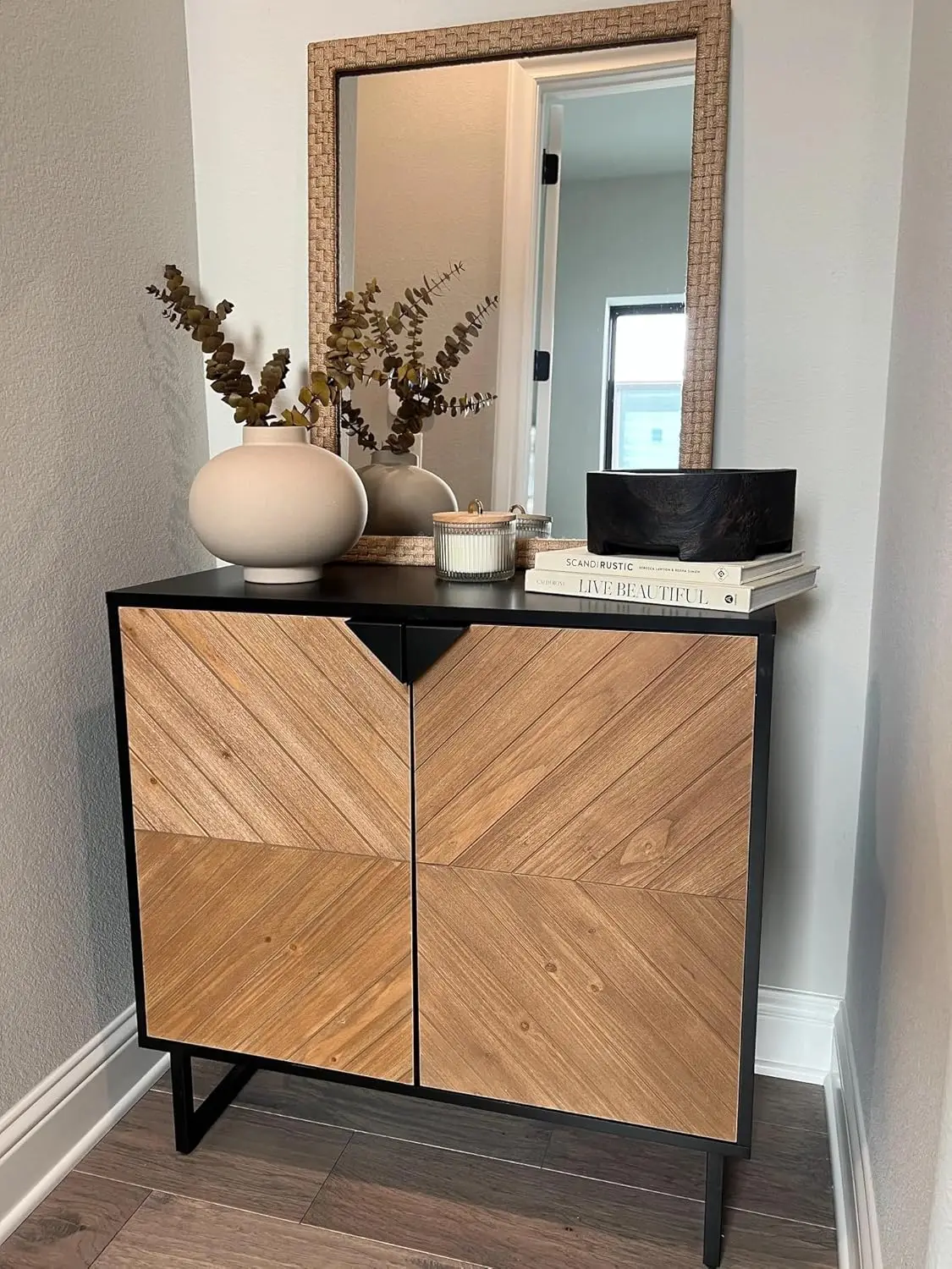 Modern Sideboard Buffet Storage Accent Cabinet Black with Doors in a Rustic Pine Wood Finish and Matte Metal Base for Hallway