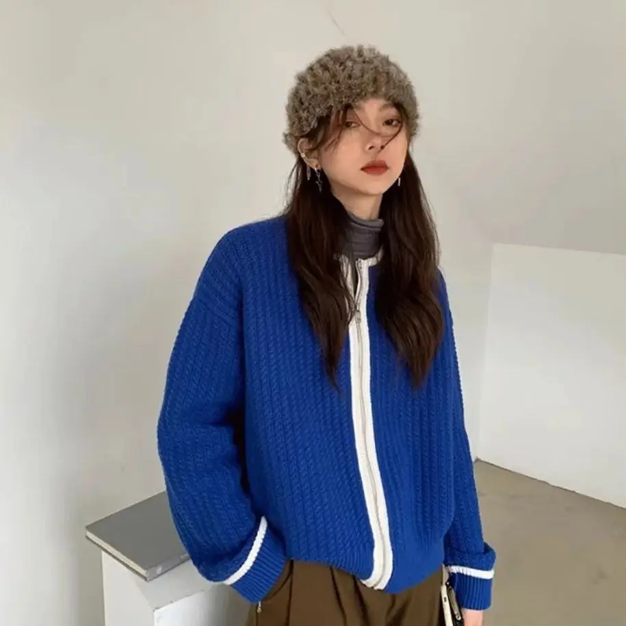 

Knitted Cardigan Klein Blue Color Block Design Top Women Autumn And Winter New French Style Contrast Color Loose Sweater Jacket