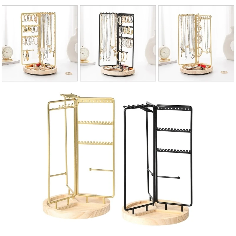 Adjustable Rotating Earring Display Stand Stylish Jewelry Storage Rack Multiple Slots Necklace Display Stand Rack with Wood Base