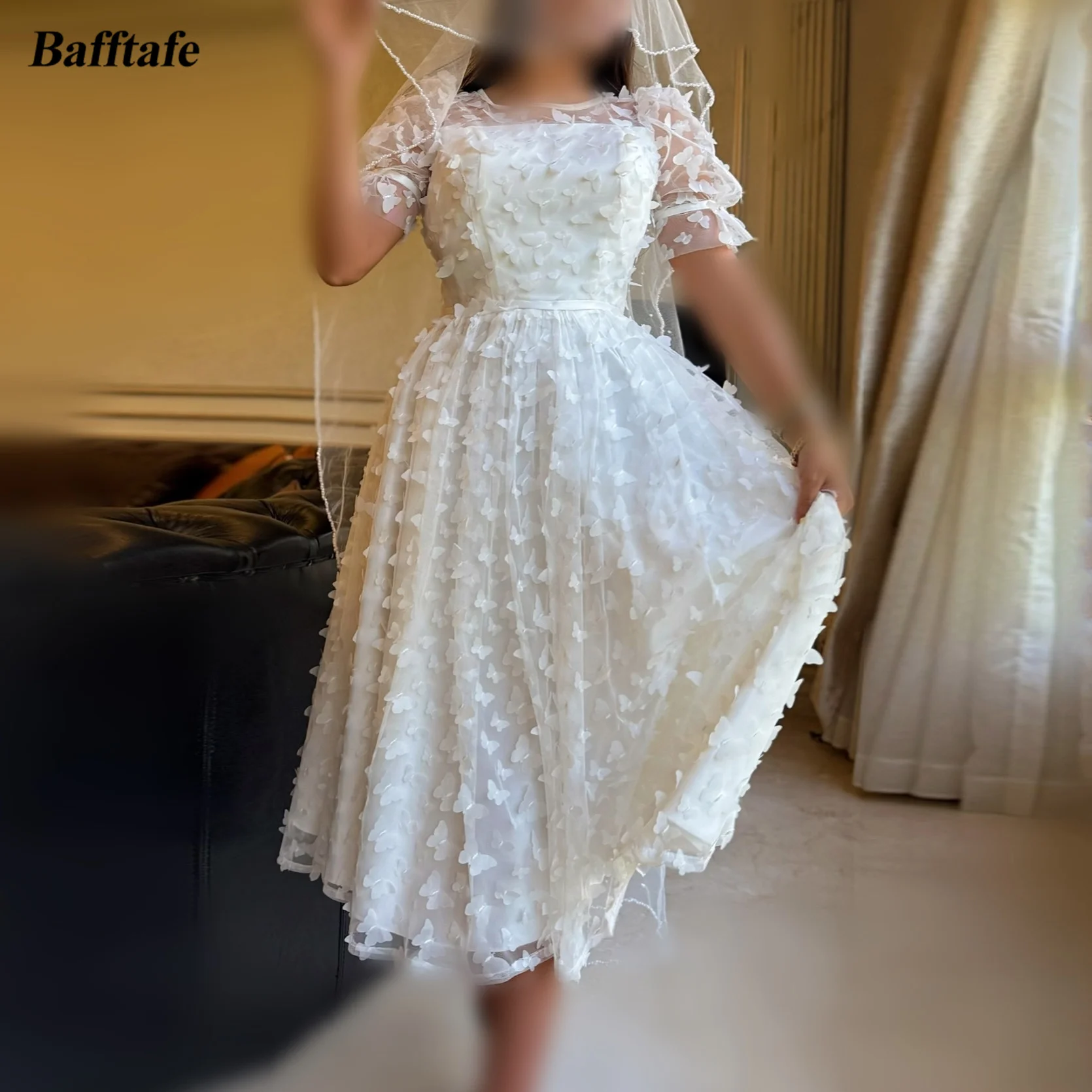 

Bafftafe Ivory Butterfly Lace Customized Wedding Dresses Short Sleeves Bridal Gowns O-neck Midi Bride Wedding Photography Dress