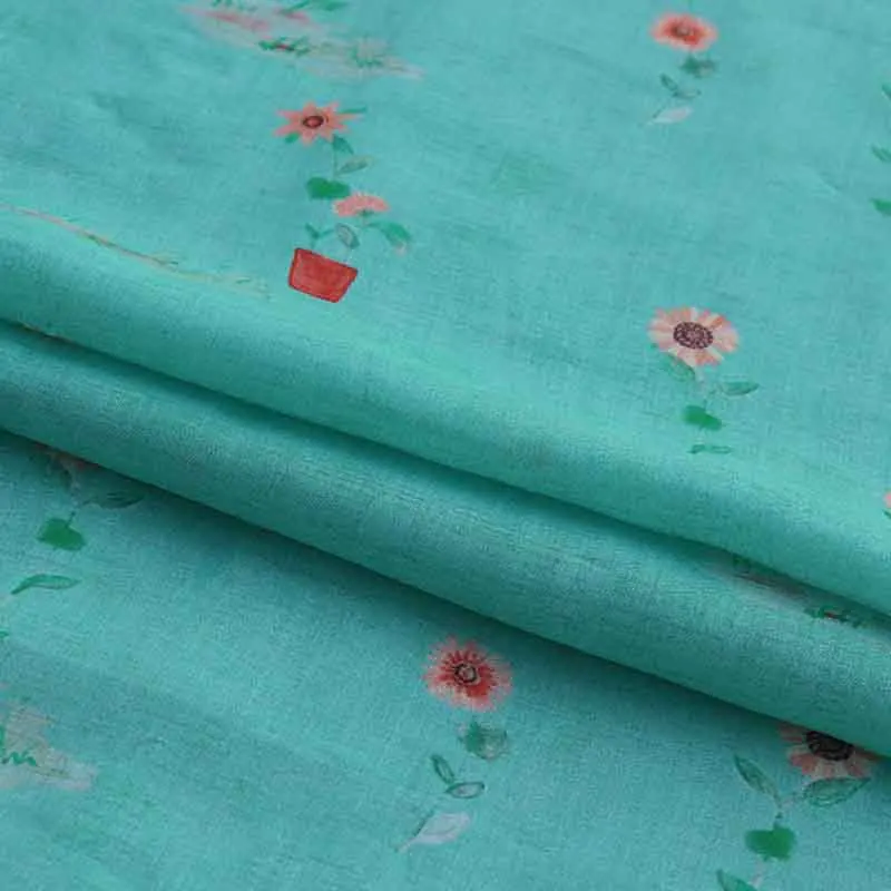 

blue flower chinese cheongsam Pure Ramie Cloth Printed Fabric For Dresses Robe Summer Thin linen fabric Retail and wholesale