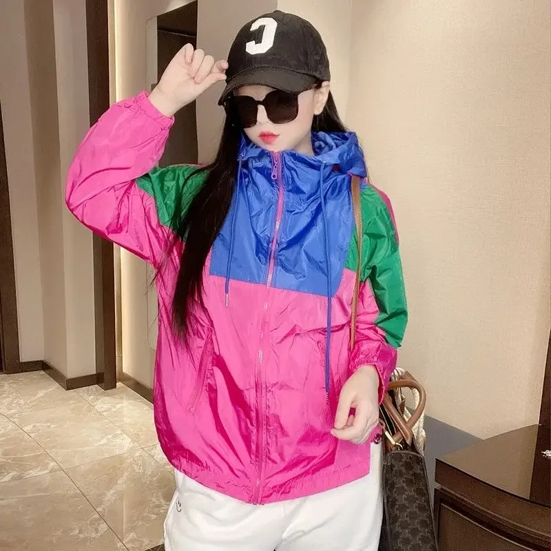 Spring Summer Women Hooded Jacket Long Sleeve Sweatshirt Sunscreen Clothing Patchwork Streetwear Coats Korean Fashion Thin Tops