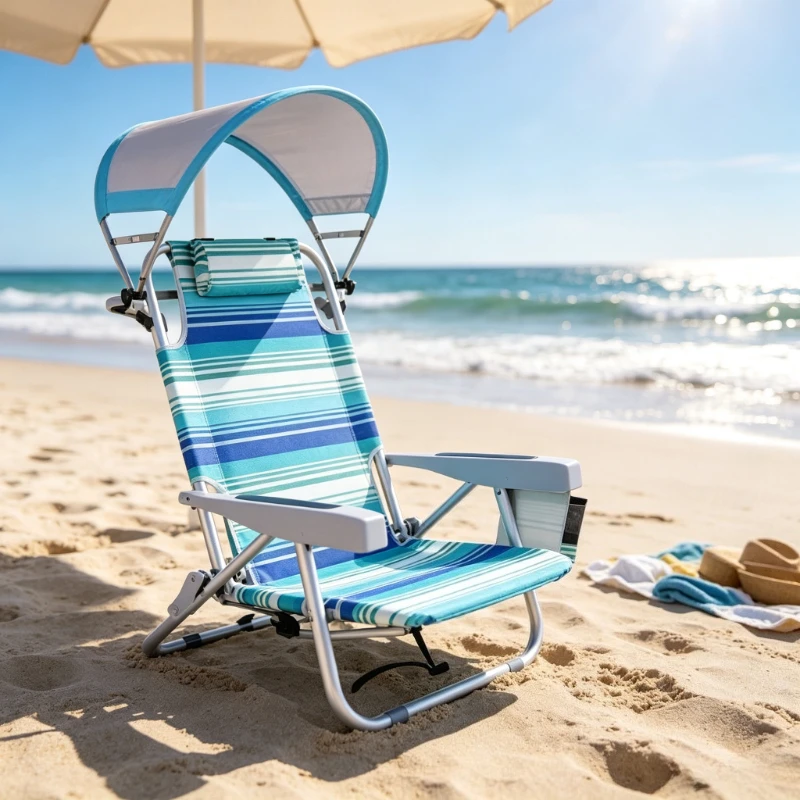 1pc Portable Adjustable Folding Beach Chair with Sunshade for Camping and Outdoor Use
